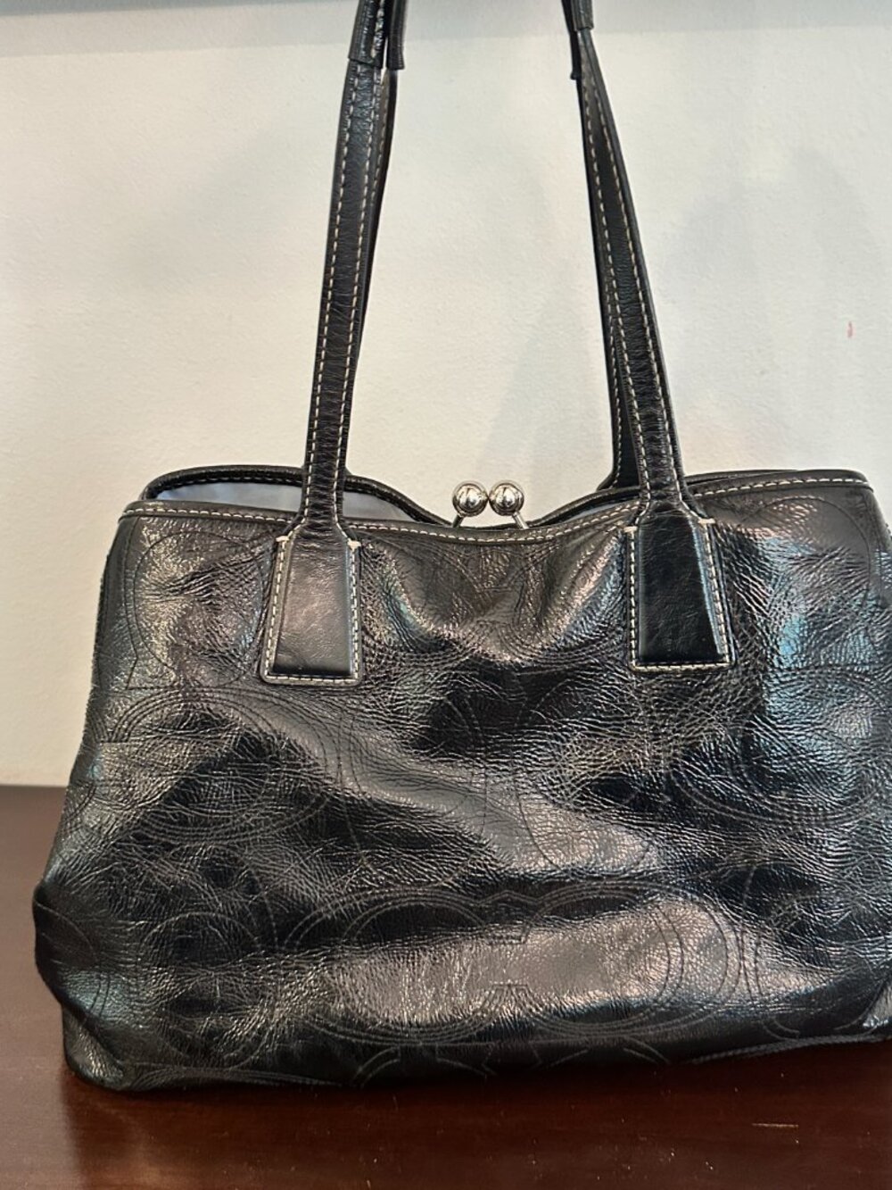 COACH Black Signature Patent Leather F15658 Stitch Carryall Handbag W/Kisslock - Picture 8 of 16